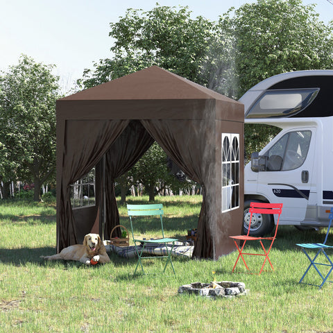 Tenda Dobrável 2x2 m Tenda de Jardim com 4 Paredes Laterais Tecido Oxford 2 Portas 2 Janelas e Bolsa de Transporte para Exterior Terraço Campismo Festas Marrom