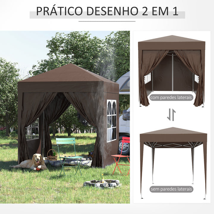 Tenda Dobrável 2x2 m Tenda de Jardim com 4 Paredes Laterais Tecido Oxford 2 Portas 2 Janelas e Bolsa de Transporte para Exterior Terraço Campismo Festas Marrom
