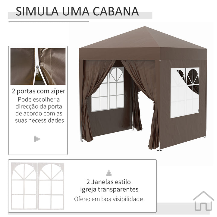 Tenda Dobrável 2x2 m Tenda de Jardim com 4 Paredes Laterais Tecido Oxford 2 Portas 2 Janelas e Bolsa de Transporte para Exterior Terraço Campismo Festas Marrom
