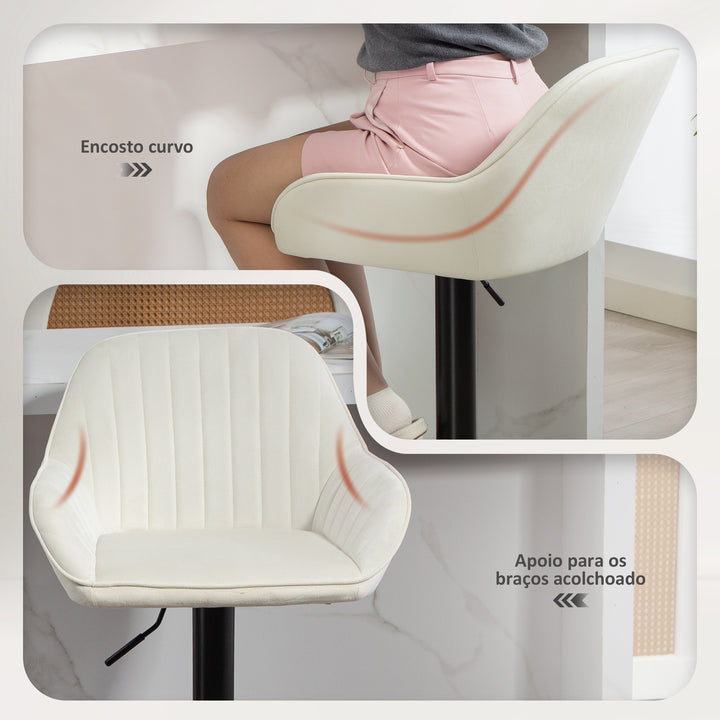 Conjunto de 2 Bancos de Bar Giratórios Bancos Altos de Cozinha com Altura Ajustável 87-107 cm Cadeiras Altas de Cozinha Estofadas em Veludo Encosto e Apoio para Pés Creme