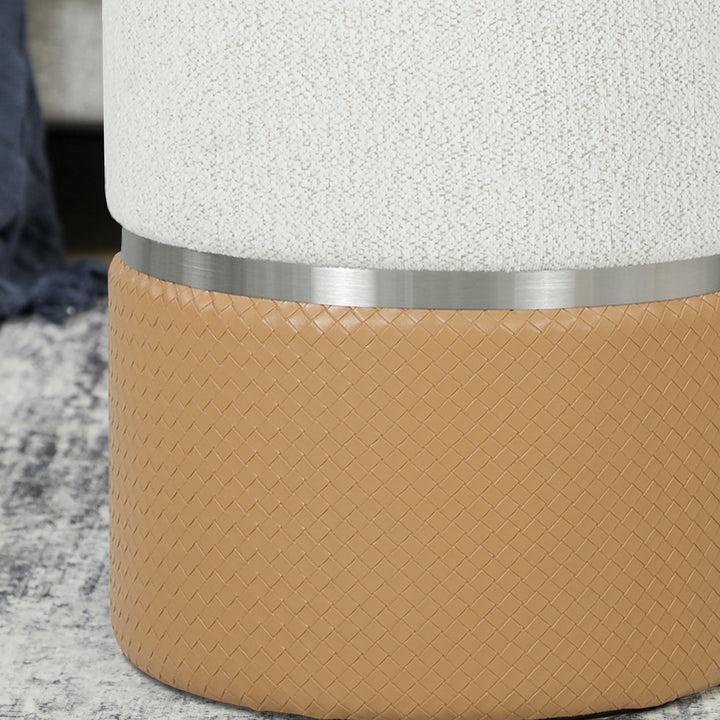 Conjunto de 2 Puffs de Armazenamento Baús Redondos Estofados em Chenille e PU Assento Acolchoado para Entrada Quarto ou Sala Castanho e Creme