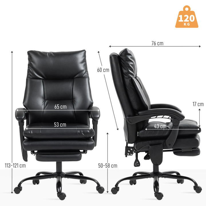 Cadeira de Escritório com Suporte Lombar Inflável Estofada em PU Cadeira de Secretária Giratória com Apoio para Pés Encosto Reclinável Encosto Alto Altura Ajustável 65x76x113-121 cm Preto
