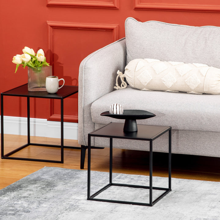 Conjunto de 2 Mesas Mesas de Centro Quadradas para Sala de Estar Estrutura de Aço para Quarto e Escritório Grande 40 cm Pequena 35 cm Branco