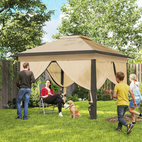 Pérgola Dobrável Exterior 3,3x3,3 m com Altura Ajustável Pérgola de Jardim com Teto Duplo 4 Mosquiteiras Removíveis e Bolsa de Transporte para Acampamento Festas Bege
