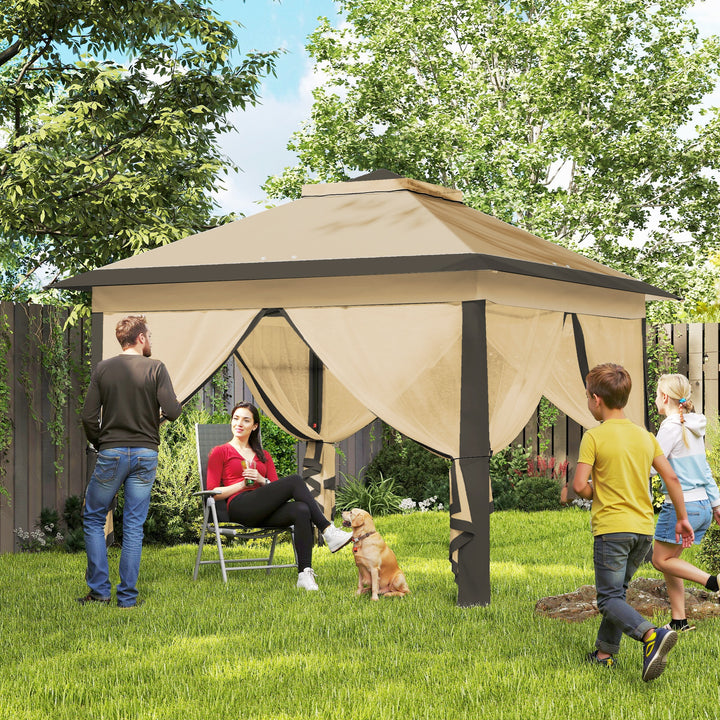 Pérgola Dobrável Exterior 3,3x3,3 m com Altura Ajustável Pérgola de Jardim com Teto Duplo 4 Mosquiteiras Removíveis e Bolsa de Transporte para Acampamento Festas Bege