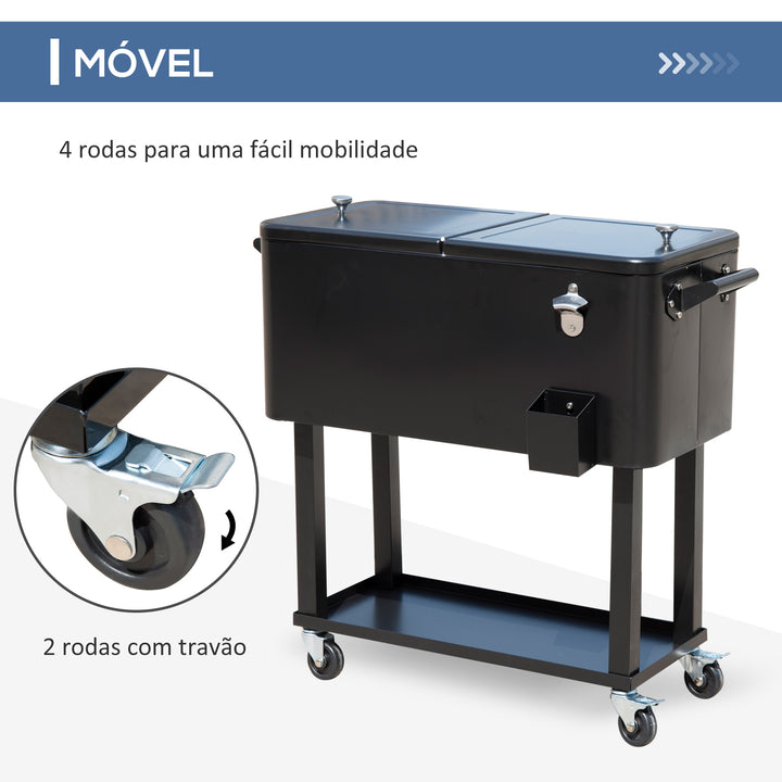 Geleira para Bebidas Carro Refrigerado para Bebidas 75,7 L com Rodas Abridor de Garrafas e Prateleira Geleira para Exterior Pátio Festa Varanda 90x39x83 cm Preto