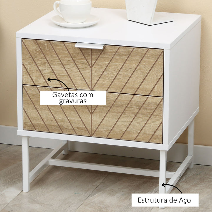 Mesa de Cabeceira com 2 Gavetas Mesa Auxiliar com Pés de Aço para Sala de Estar Dormitório 45x39x48cm Carvalho e Branco