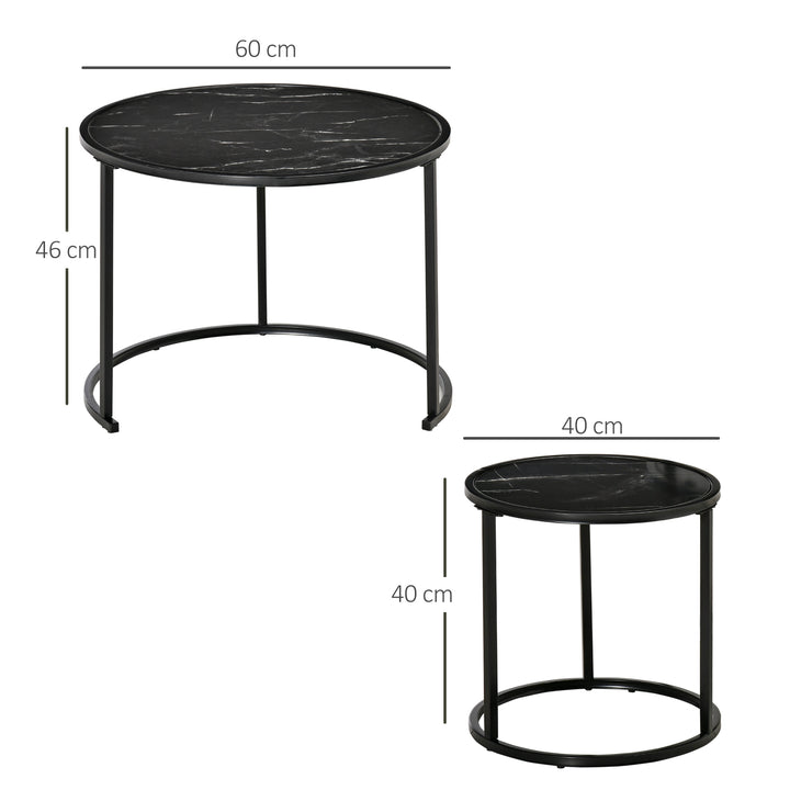Conjunto de 2 Mesas Auxiliares Redondas Empilháveis Mesa de Centro Modernas com Bancada em Efeito de Mármore e Estrutura de Aço Ø60x46cm e Ø40x40cm Preto