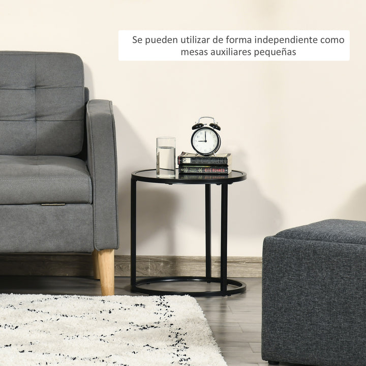 Conjunto de 2 Mesas Auxiliares Redondas Empilháveis Mesa de Centro Modernas com Bancada em Efeito de Mármore e Estrutura de Aço Ø60x46cm e Ø40x40cm Preto