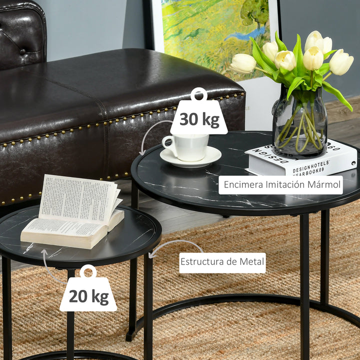 Conjunto de 2 Mesas Auxiliares Redondas Empilháveis Mesa de Centro Modernas com Bancada em Efeito de Mármore e Estrutura de Aço Ø60x46cm e Ø40x40cm Preto