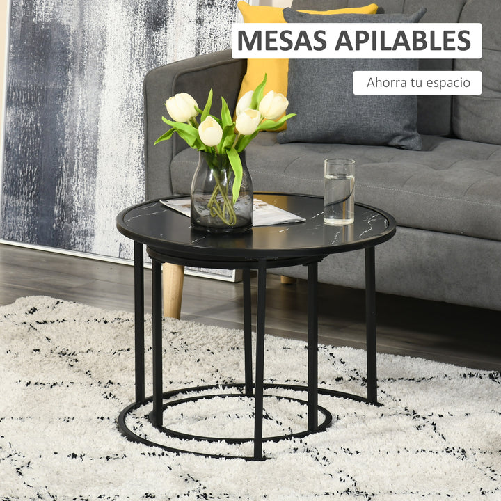 Conjunto de 2 Mesas Auxiliares Redondas Empilháveis Mesa de Centro Modernas com Bancada em Efeito de Mármore e Estrutura de Aço Ø60x46cm e Ø40x40cm Preto