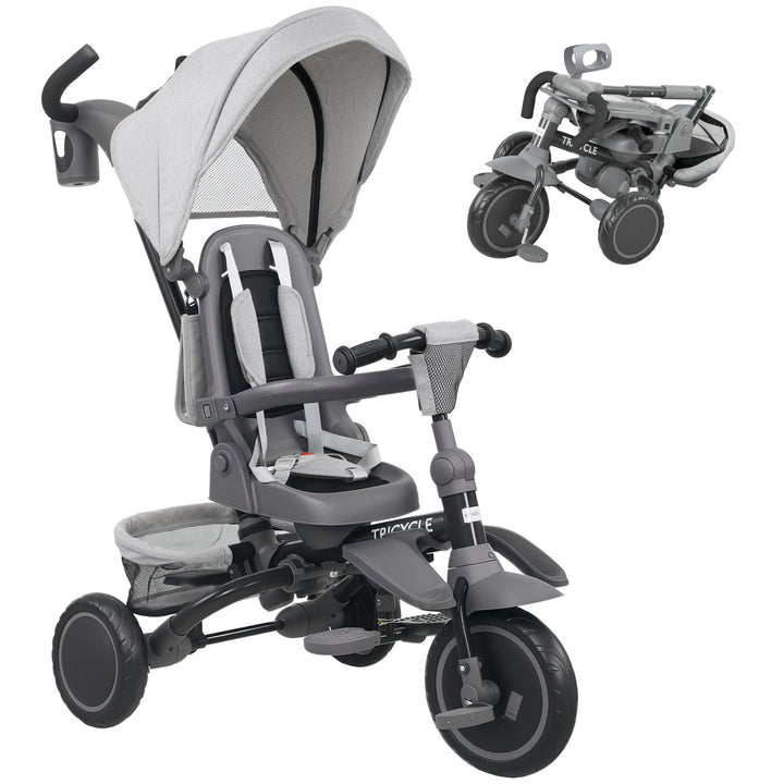 Triciclo Evolutivo 6 em 1 Triciclo para Bebés Dobrável 1-5 Anos Assento Giratório de 360° Guidão Encosto Reclinável Toldo Cinto de Segurança Cesto, Apoio para Pés 111,5x52x98 cm Cinza