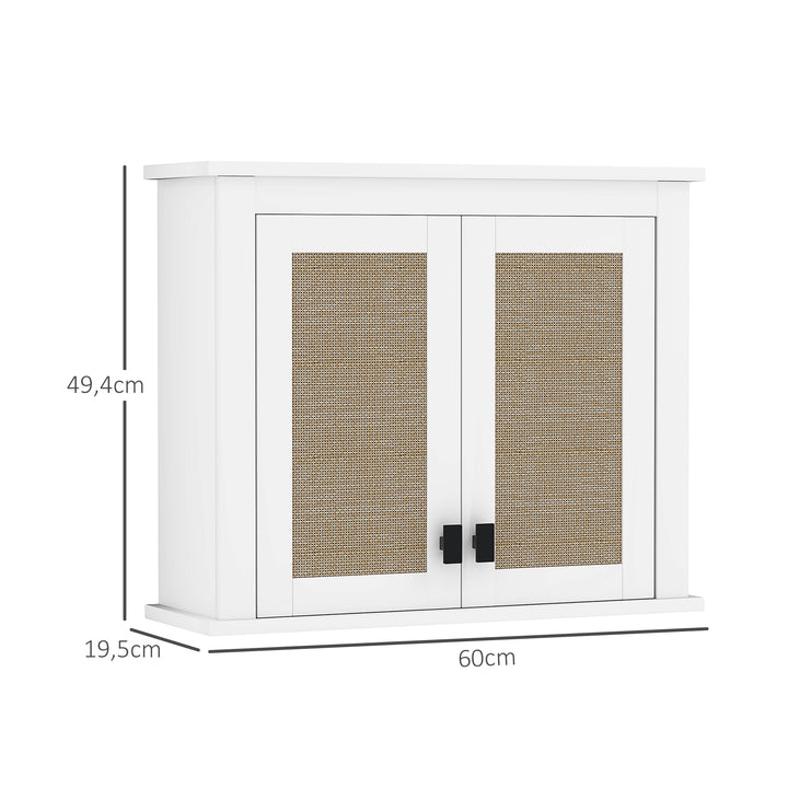 Armário de Parede para Casa de Banho Móvel Casa de Banho Suspenso Armário de Parede para Armazenamento com 2 Portas de Vime PE Prateleira Ajustável 60x19,5x49,4 cm Branco