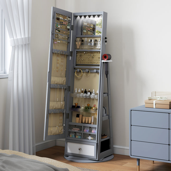 Espelho de Pé Giratório 360° com Espelho com Interior Iluminado Organizador de Jóias com Espelho de Corpo Inteiro Prateleiras e Gavetas para Quarto ou Closet 56x56x164 cm Cinza Claro