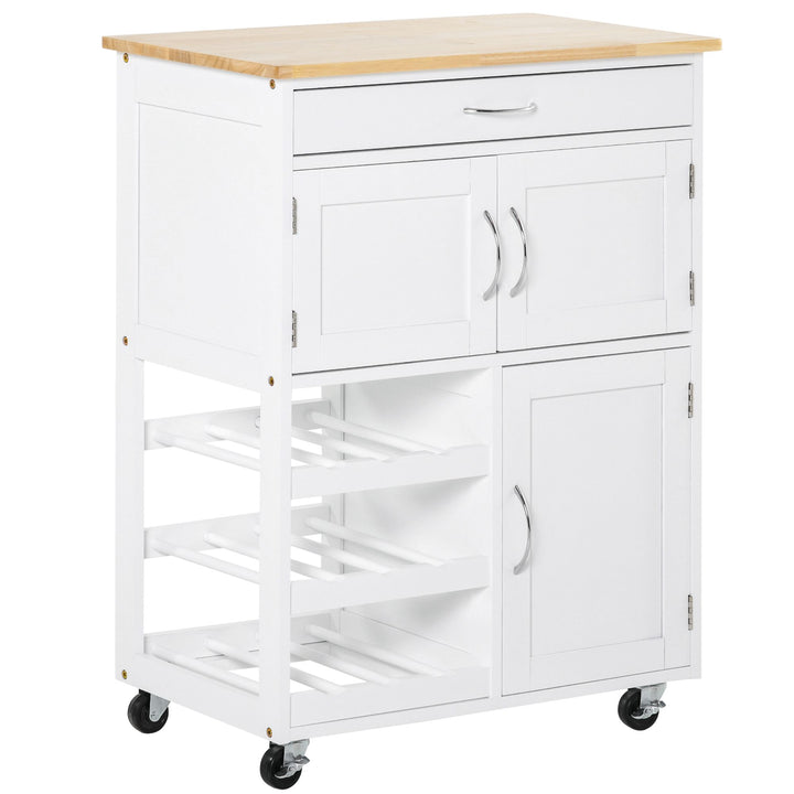 Carrinho de Cozinha com Rodas Carrinho de Cozinha com Gaveta 2 Armários de Armazenamento e 3 Prateleiras Abertas para 9 Garrafas para Sala de Jantar 67x37x87cm Branco