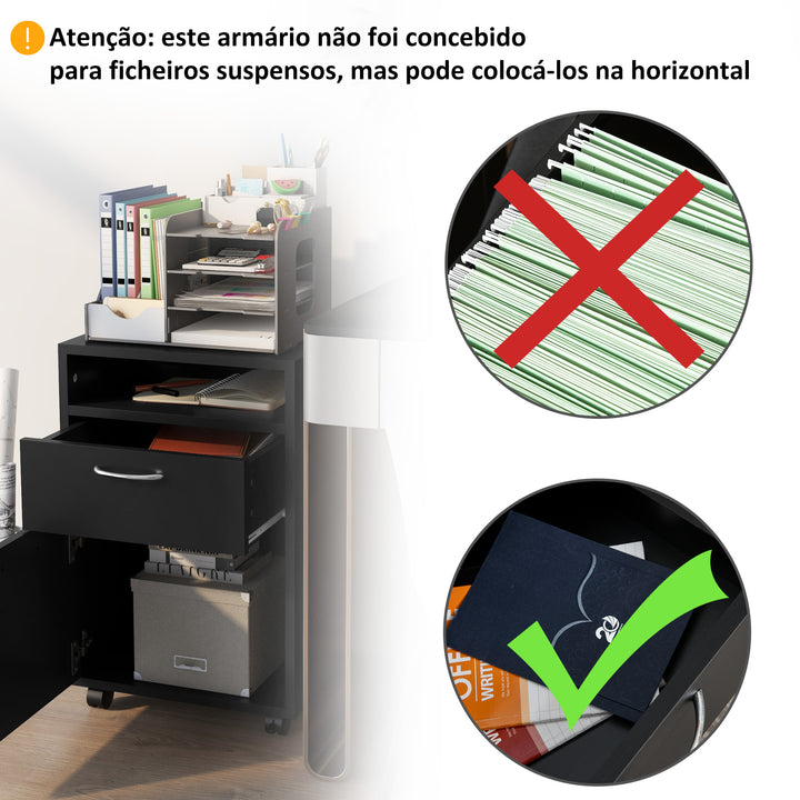 Bloco de Gavetas de Escritório Bloco de Gavetas com Armário e Gaveta Móvel Arquivador com Rodas Suporte para Impressora 40x35x60 cm Preto