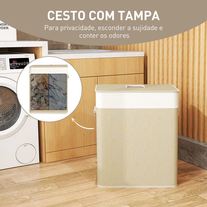 Cesto de Roupa com Tampa 100L Cesto para Roupa Suja de Bambu com 2 Compartimentos Bolsa Interior Amóvivel para Lavandaria Casa de Banho 52x32x63 cm Bege e Creme