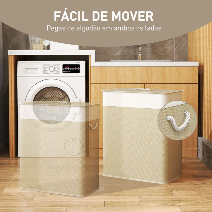 Cesto de Roupa com Tampa 100L Cesto para Roupa Suja de Bambu com 2 Compartimentos Bolsa Interior Amóvivel para Lavandaria Casa de Banho 52x32x63 cm Bege e Creme