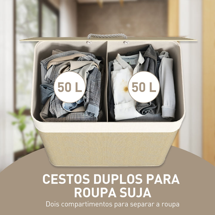 Cesto de Roupa com Tampa 100L Cesto para Roupa Suja de Bambu com 2 Compartimentos Bolsa Interior Amóvivel para Lavandaria Casa de Banho 52x32x63 cm Bege e Creme