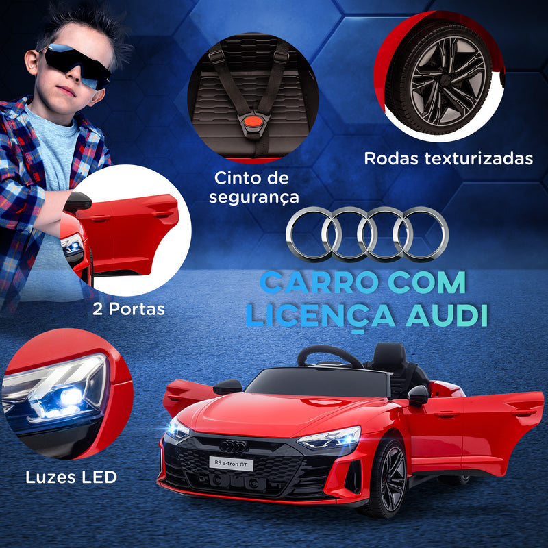 Carro Elétrico AUDI RS E-Tron GT para Crianças de 3-6 Anos Carro de Bateria 12V com 2 Motores Controlo Remoto Faróis LED Buzina Música USB e Abertura de Porta 3-5km/h 103x58x41 cm Vermelho