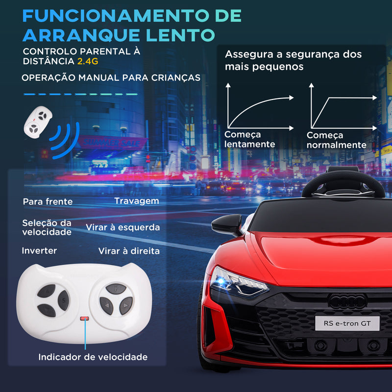 Carro Elétrico AUDI RS E-Tron GT para Crianças de 3-6 Anos Carro de Bateria 12V com 2 Motores Controlo Remoto Faróis LED Buzina Música USB e Abertura de Porta 3-5km/h 103x58x41 cm Vermelho