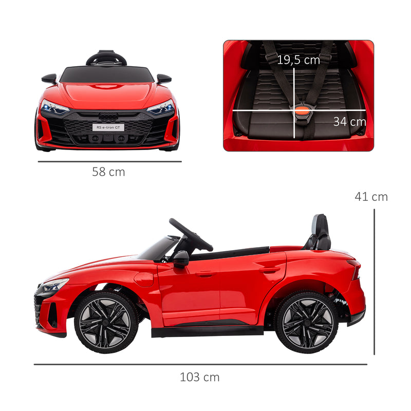 Carro Elétrico AUDI RS E-Tron GT para Crianças de 3-6 Anos Carro de Bateria 12V com 2 Motores Controlo Remoto Faróis LED Buzina Música USB e Abertura de Porta 3-5km/h 103x58x41 cm Vermelho