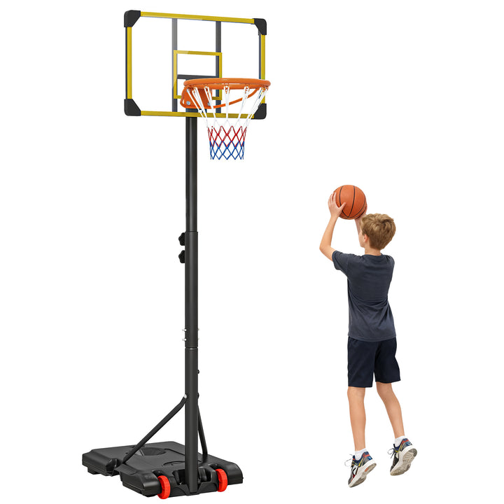 Tabela de Basquetebol com Altura Ajustável 178-208 cm Rodas Cesta de Basquetebol para Crianças acima de 6 Anos com Base Recarregável para Exterior 75x56x210-240 cm Amarelo e Preto
