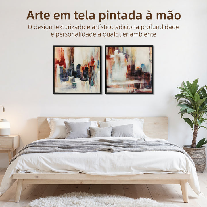 Quadros em Tela Abstractos à Mão 40x40 cm 2 Peças Quadros de Arte de Parede Emoldurados Textura Elegante Decoração Moderna para Quarto Sala Cozinha Multicolor