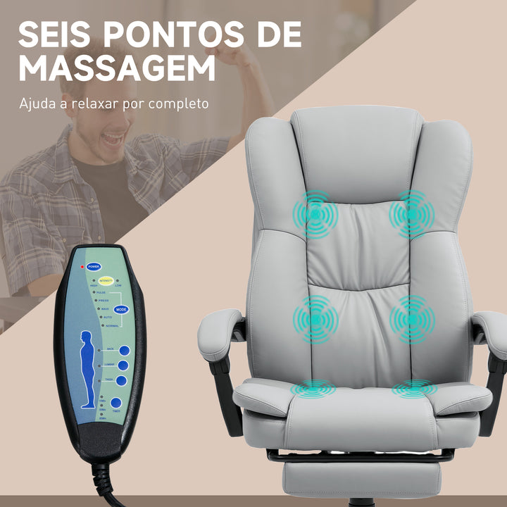 Cadeira de Escritório Giratória Cadeira de Escritório com Altura Ajustável 6 Pontos de Massagem Controle Remoto e Apoio para os Pés Retrátil 68,5x68,5x113-121 cm Cinza