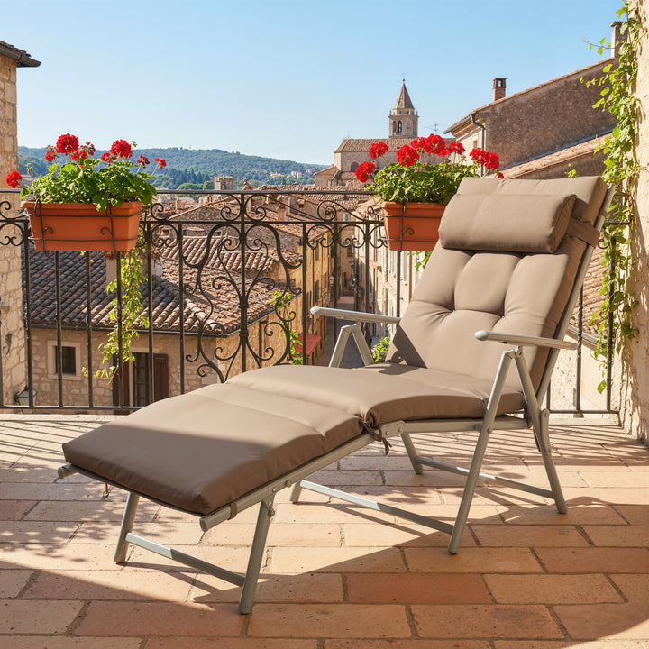 Espreguiçadeira Dobrável de Jardim com Encosto Ajustável em 7 Posições com Almofadas para Corpo Inteiro e Cabeça para Terraço ou Piscina até 165 kg 137x63,5x100,5 cm Castanho
