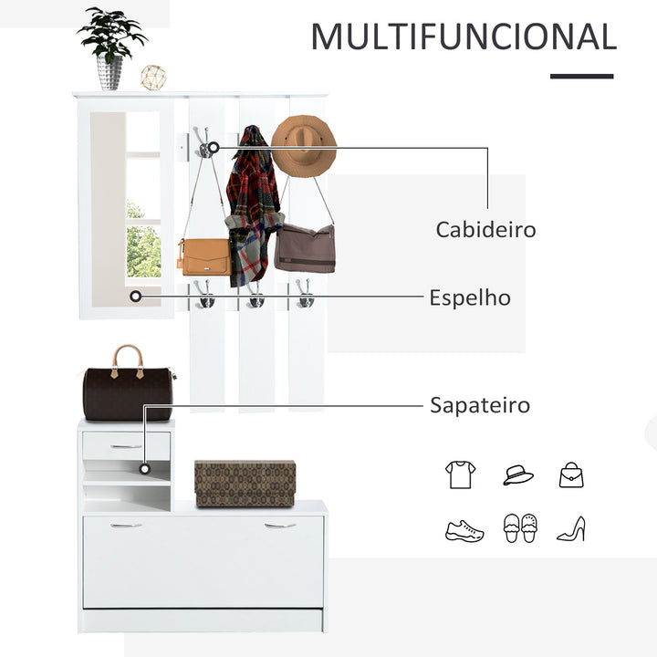 Conjunto de Móveis de Entrada Bengaleiro com Espelho e Sapateira com Gaveta 90x24x75 cm Branco