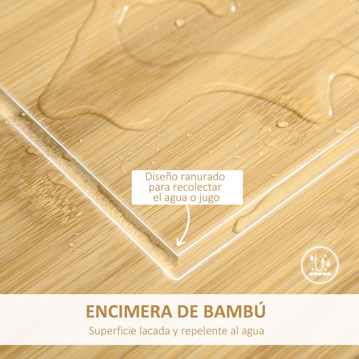 Carrinho de Cozinha com Rodas Carro de Armazenamento Multiúso com Bancada de Bambu Gaveta Cesta Metálica e Armário de 2 Portas de Persiana 58x37x83cm Branco