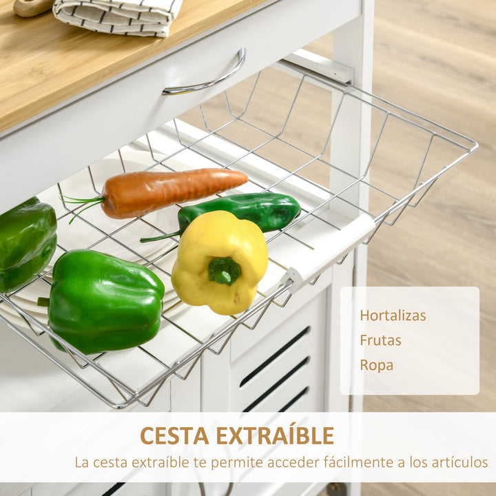 Carrinho de Cozinha com Rodas Carro de Armazenamento Multiúso com Bancada de Bambu Gaveta Cesta Metálica e Armário de 2 Portas de Persiana 58x37x83cm Branco