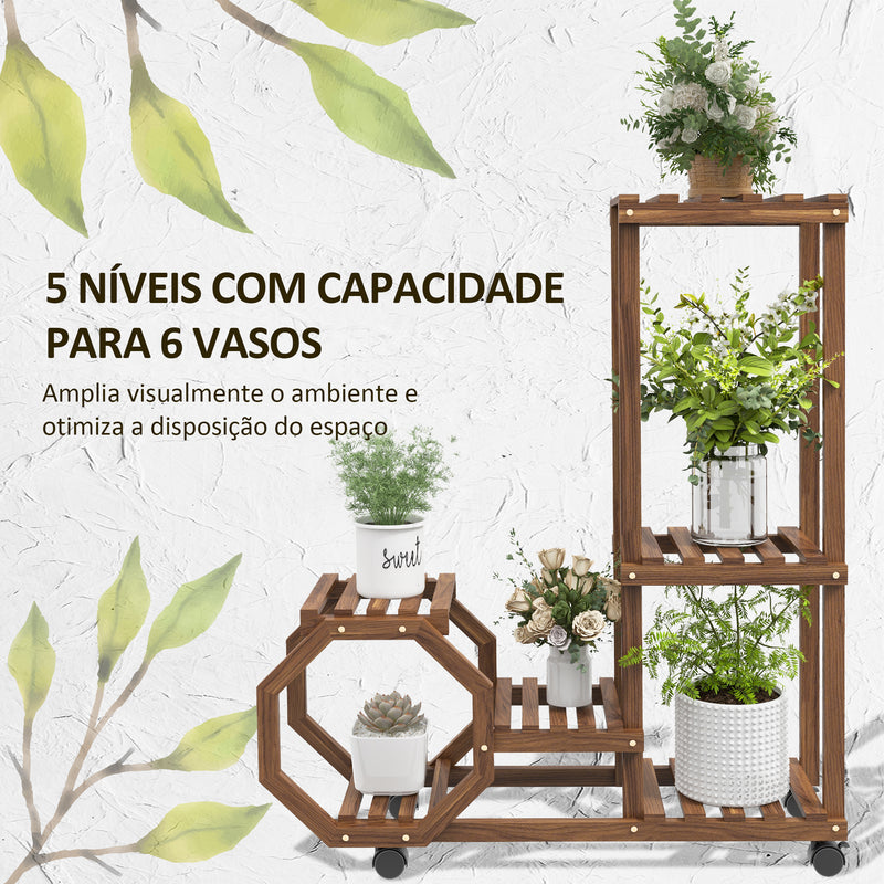 Estante para Vasos de 5 Níveis Suporte para Vasos de Plantas de Madeira Suporte para Plantas com Rodas para Interior e Exterior 86x30x102 cm Marrom Carbonizado