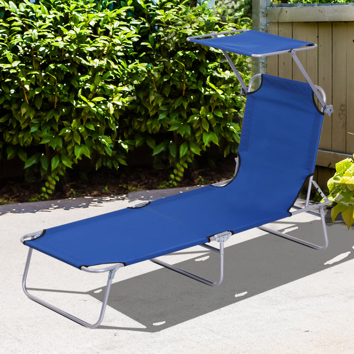 Espreguiçadeira Dobrável de Jardim Reclinável com Toldo Removível e Ângulo Ajustável Encosto Regulável em 4 Níveis para Terraço Piscina Pátio 187x58x36 cm Azul