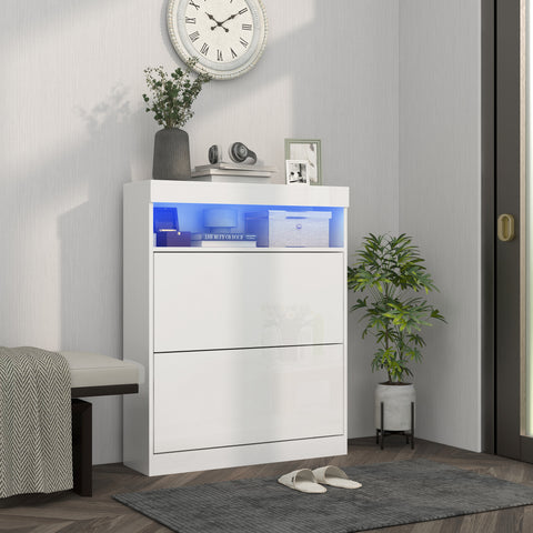 Móvel Sapateira de Entrada Armário Sapateira com Luzes LED Prateleira Aberta e 2 Gavetas Basculantes para 12-16 Pares de Sapatos 80x24x99,5 cm Branco Brilhante