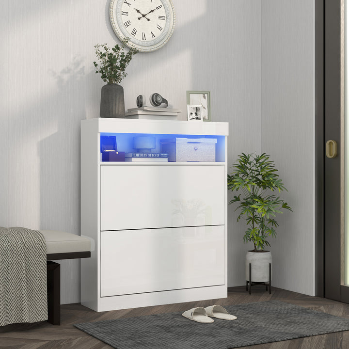 Móvel Sapateira de Entrada Armário Sapateira com Luzes LED Prateleira Aberta e 2 Gavetas Basculantes para 12-16 Pares de Sapatos 80x24x99,5 cm Branco Brilhante
