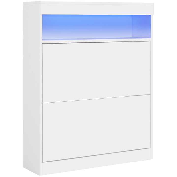 Móvel Sapateira de Entrada Armário Sapateira com Luzes LED Prateleira Aberta e 2 Gavetas Basculantes para 12-16 Pares de Sapatos 80x24x99,5 cm Branco Brilhante