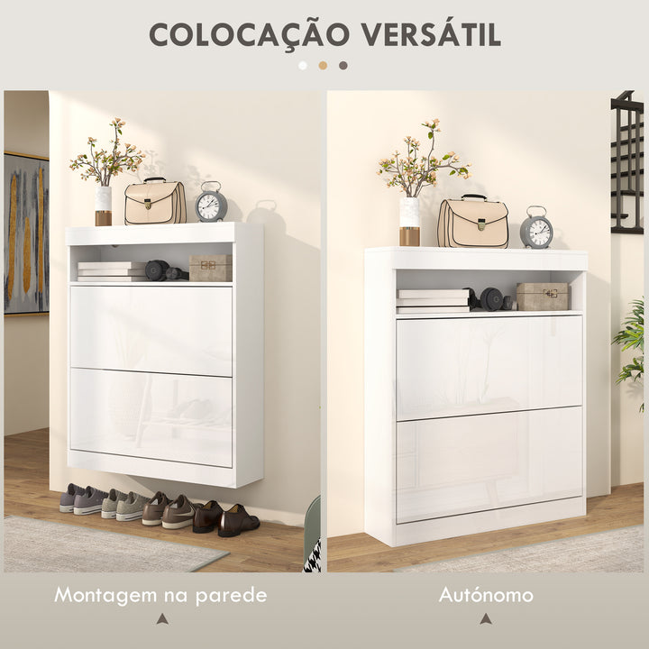 Móvel Sapateira de Entrada Armário Sapateira com Luzes LED Prateleira Aberta e 2 Gavetas Basculantes para 12-16 Pares de Sapatos 80x24x99,5 cm Branco Brilhante