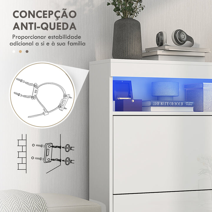 Móvel Sapateira de Entrada Armário Sapateira com Luzes LED Prateleira Aberta e 2 Gavetas Basculantes para 12-16 Pares de Sapatos 80x24x99,5 cm Branco Brilhante