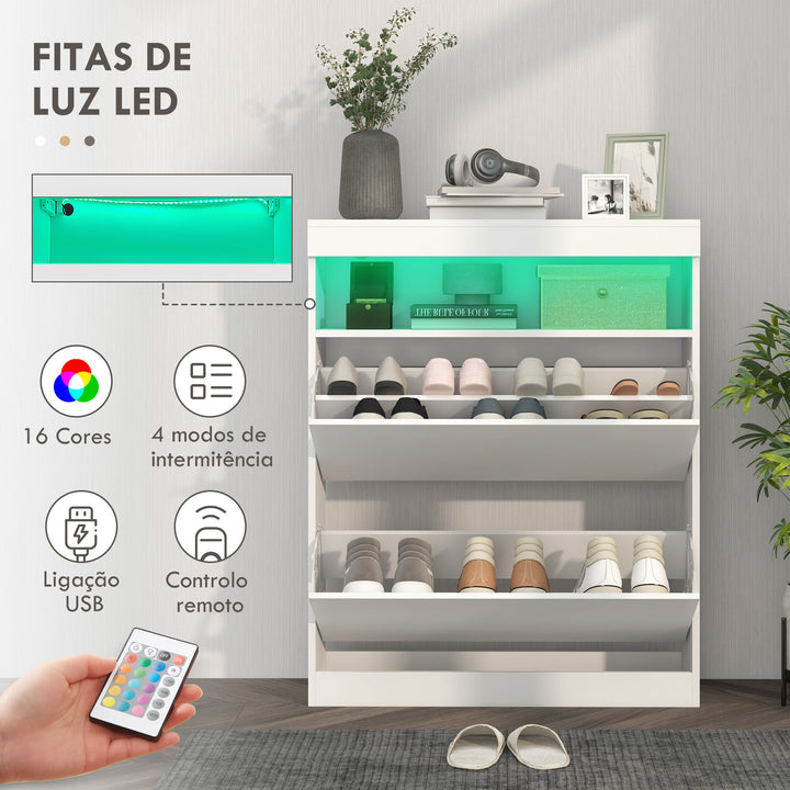 Móvel Sapateira de Entrada Armário Sapateira com Luzes LED Prateleira Aberta e 2 Gavetas Basculantes para 12-16 Pares de Sapatos 80x24x99,5 cm Branco Brilhante