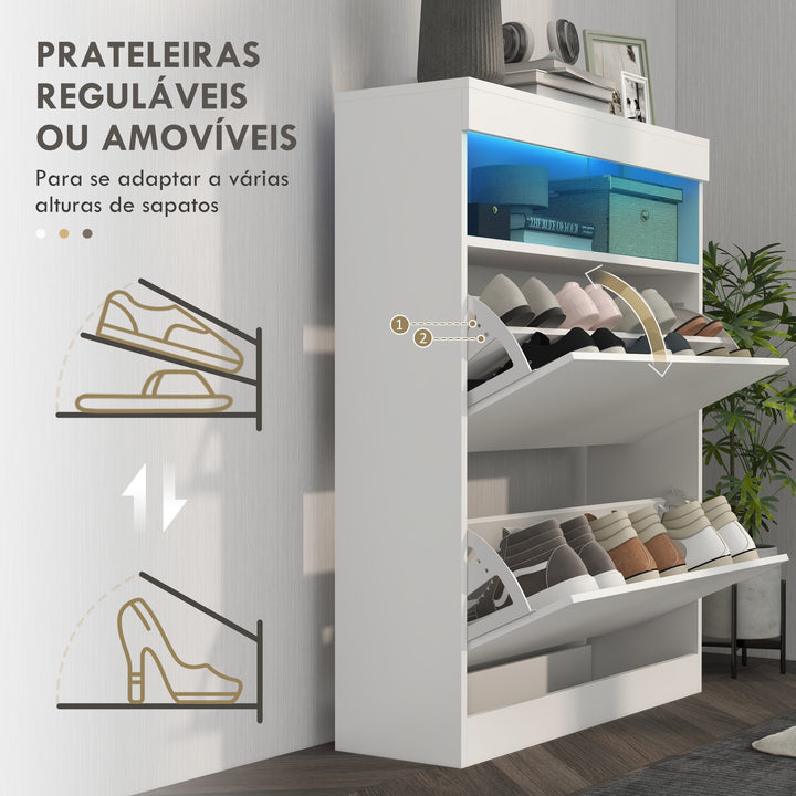 Móvel Sapateira de Entrada Armário Sapateira com Luzes LED Prateleira Aberta e 2 Gavetas Basculantes para 12-16 Pares de Sapatos 80x24x99,5 cm Branco Brilhante