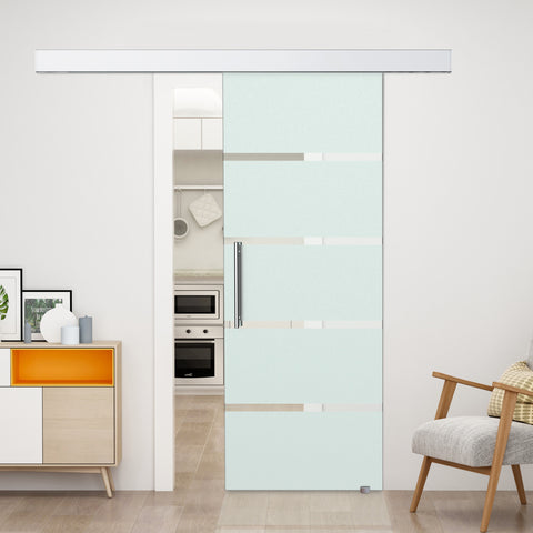 Porta deslizante de vidro translúcido com listras transparentes - liga de vidro e alumínio - 77,5 x 205cm