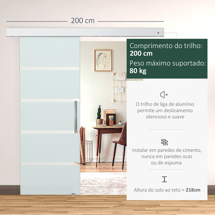 Porta deslizante de vidro translúcido com listras transparentes - liga de vidro e alumínio - 77,5 x 205cm