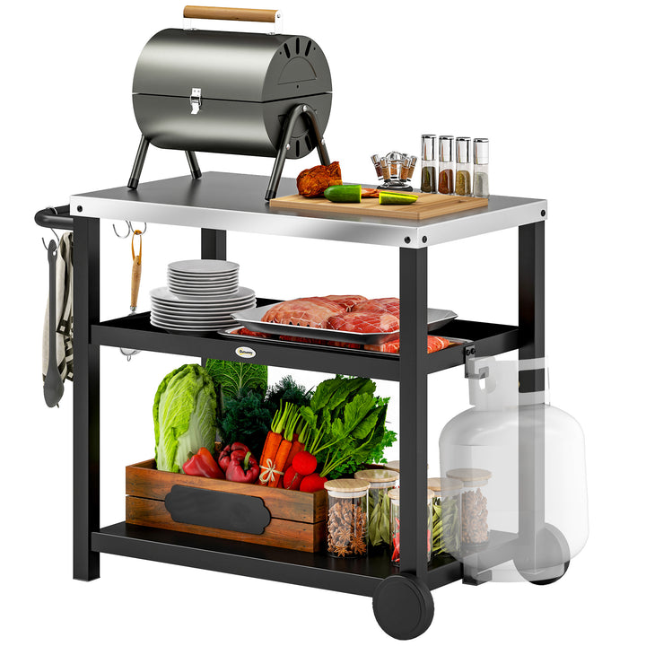 Carrinho de Barbecue de 3 Níveis Carrinho de Serviço com 2 Rodas Prateleiras Bancada em Aço Inoxidável e Alça Mesa para Forno de Pizza para Jardim e Pátio 102x50x81 cm Cinza Carvão