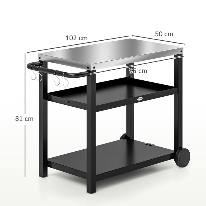 Carrinho de Barbecue de 3 Níveis Carrinho de Serviço com 2 Rodas Prateleiras Bancada em Aço Inoxidável e Alça Mesa para Forno de Pizza para Jardim e Pátio 102x50x81 cm Cinza Carvão