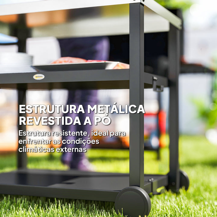 Carrinho de Barbecue de 3 Níveis Carrinho de Serviço com 2 Rodas Prateleiras Bancada em Aço Inoxidável e Alça Mesa para Forno de Pizza para Jardim e Pátio 102x50x81 cm Cinza Carvão