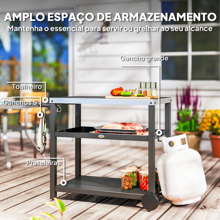 Carrinho de Barbecue de 3 Níveis Carrinho de Serviço com 2 Rodas Prateleiras Bancada em Aço Inoxidável e Alça Mesa para Forno de Pizza para Jardim e Pátio 102x50x81 cm Cinza Carvão