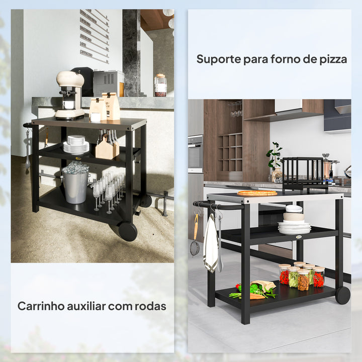 Carrinho de Barbecue de 3 Níveis Carrinho de Serviço com 2 Rodas Prateleiras Bancada em Aço Inoxidável e Alça Mesa para Forno de Pizza para Jardim e Pátio 102x50x81 cm Cinza Carvão