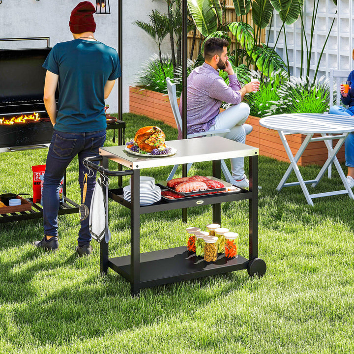 Carrinho de Barbecue de 3 Níveis Carrinho de Serviço com 2 Rodas Prateleiras Bancada em Aço Inoxidável e Alça Mesa para Forno de Pizza para Jardim e Pátio 102x50x81 cm Cinza Carvão